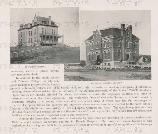 Photomontage of St. Francis Hospital and the Sisters of Loretto Academy, St. Francis Hospital, Sister of Loretto Academy, page, photomechanical print, photomontage, Colorado, cliché maker: New York Photo-Gravure Company, New York (city), c. 1888 - in or before 1893, photographer, North America, paper, autotypie, height 107 mm x width 203 mm, hospital, façade (of house or building), The image shows two black-and-white photographs of large brick buildings side by side on a printed page, each framed by a pale margin with surrounding printed text; the left photograph depicts a multi-story building with a steep roof, ornamental gables, tall narrow windows, and an arched porch supported by slender columns, set on a grassy slope with a wooden fence running diagonally in front; the right photograph shows a rectangular brick building with arched window openings, decorative roofline trim, twin chimneys with ornamental tops, a front entrance reached by stairs, and a wooden fence along the foregro...