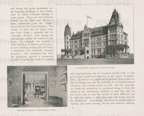 View of a nursing home in Colorado Springs, Child-Drexel home for Union Printers, page, photomechanical print, Colorado Springs, cliché maker: New York Photo-Gravure Company, New York (city), c. 1888 - in or before 1893, photographer, North America, Colorado, paper, autotypie, height 99 mm x width 126 mm, old-people's home, facade (of house or building), A sepia-toned page showing two photographic images: the top image depicts a large stone building with turrets, steep roofs, arched entrances, and a flag on a pole, framed by a thin border; the lower image shows an interior parlor with chairs, a couch, framed pictures on patterned walls, a doorway leading to another room with visible furniture and a hanging light fixture; areas of printed text and margins surround and separate the images.