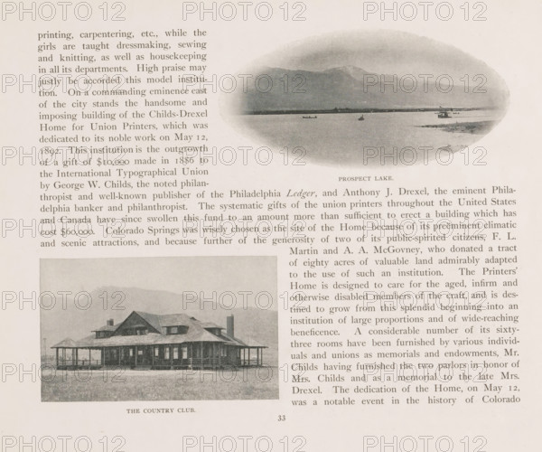 Interior of a nursing home in Colorado Springs, The childs parlor, Childs-Drexel Home, page, photomechanical print, Colorado Springs, cliché maker: New York Photo-Gravure Company, New York (city), c. 1888 - in or before 1893, photographer, North America, Colorado, paper, autotypie, height 68 mm x width 98 mm, living-room, parlour, sitting-room, façade (of house or building), A sepia-toned page showing two photographic images and columns of printed text; the upper right contains an oval vignette of a lake with a distant shoreline, mountains in the background, and small boats on the water, while the lower left shows a single-story country-style building with a wraparound porch, gabled roof, and several chimneys set on a grassy foreground.