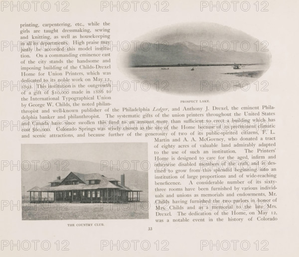 Prospect Lake, View of the Country Club of Colorado Springs, page, photomechanical print, Colorado Springs, cliché maker: New York Photo-Gravure Company, New York (city), c. 1888 - in or before 1893, photographer, North America, Colorado, paper, autotypie, height 61 mm x width 101 mm, club, meeting place, façade (of house or building), A page showing two oval photographic images and one rectangular photograph alongside columns of printed text, the upper oval image depicting a lakeshore scene with distant mountains, a calm water surface, and small boats near the horizon, the lower rectangular photograph showing a large single-story building with a wraparound porch, a pitched roof with dormers, and an open grassy foreground, the page has a wide margin and a light, aged paper tone.