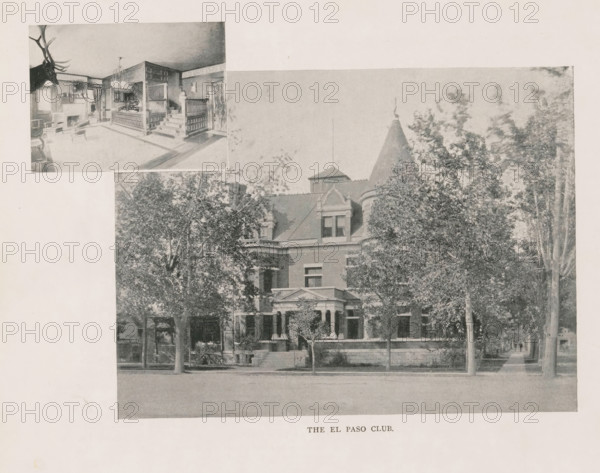 Photomontage of the El Paso Club in Colorado Springs, The El Paso Club, page, photomechanical print, photomontage, Colorado Springs, cliché maker: New York Photo-Gravure Company, New York (city), c. 1888 - in or before 1893, photographer, North America, Colorado, paper, autotypie, height 157 mm x width 209 mm, club, meeting place, facade (of house or building), reception desk (, hotel), A faded black-and-white photograph shows a large multi-story brick building with a steep roof, dormer windows, and a conical turret, partially obscured by leafy trees in the foreground; a covered porch with columns and a low stone wall runs along the front, and a sidewalk and street are visible at the bottom edge of the image.