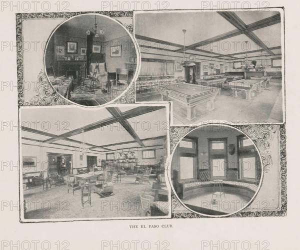 The El Paso Club, Photomontage of the interior of the El Paso Club in Colorado Springs, page, photomechanical print, photomontage, Colorado Springs, cliché maker: New York Photo-Gravure Company, New York (city), c. 1888 - in or before 1893, photographer, North America, Colorado, paper, autotypie, height 159 mm x width 202 mm, living-room, parlour, sitting-room, club, meeting place, other rooms, A printed page with four framed photographic images arranged in a grid, each image showing interior rooms furnished with chairs, tables, and decorative elements, the top right image depicting a room with multiple pool tables under a coffered ceiling and hanging lights, the top left circular image showing a smaller room with upholstered chairs, a fireplace, framed pictures on the walls, and a chandelier, the lower left rectangular image showing a large lounge area with upholstered armchairs, side tables, wicker baskets, and shelving along the walls, and the lower right circular image showing a cu...