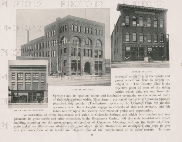 Photomontage of three buildings in Colorado Springs, page, photomechanical print, photomontage, inscription: 'De la Vergne building, Gazette building, Durkee Building', Colorado Springs, cliché maker: New York Photo-Gravure Company, New York (city), c. 1888 - in or before 1893, photographer, North America, Colorado, paper, autotypie, height 131 mm x width 209 mm, facade (of house or building), The image shows a page with three black-and-white photographs of brick commercial buildings arranged near the top and left side; the largest central photograph depicts a multi-story brick building with arched windows on the upper floors, a stone entrance with a rounded arch, utility poles and a wagon parked on the street in front; to the right a narrower photograph shows a three-story brick storefront building with arched windows, display windows and signage above the ground-floor entrances, and two small figures standing near the entrance; a smaller photograph in the lower left shows another bri...