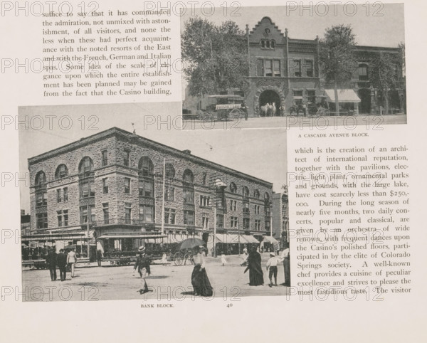 View of a colonial style house, View of colonial house, page, photomechanical print, Colorado Springs, cliché maker: New York Photo-Gravure Company, New York (city), c. 1888 - in or before 1893, photographer, North America, Colorado, paper, autotypie, height 76 mm x width 101 mm, facade (of house or building), A sepia-toned photograph shows a city street scene with a large multi-story stone building featuring arched windows and decorative masonry, awnings over ground-level storefronts, people walking and standing on the sidewalk and street wearing early twentieth-century clothing and hats, horse-drawn carriages and a wagon visible near the building, and a smaller inset image at the top depicting a two-story brick storefront with an arched central entrance flanked by trees and carriages.