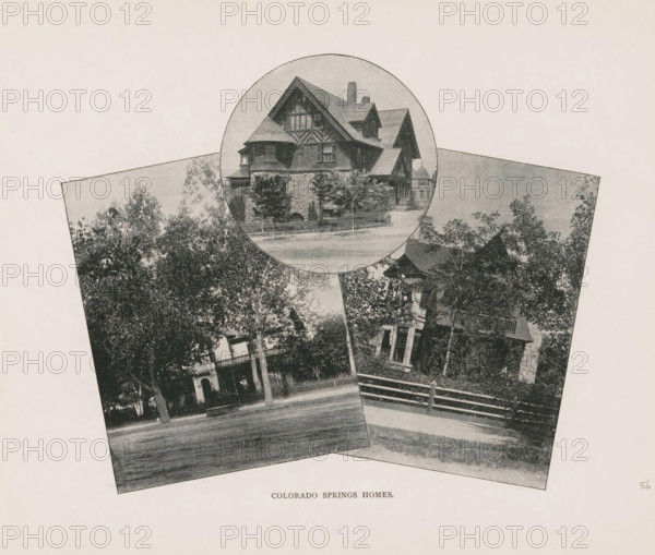 Colorado Springs homes, Photomontage of villas in Colorado Springs, page, photomechanical print, photomontage, Colorado Springs, cliché maker: New York Photo-Gravure Company, New York (city), c. 1888 - in or before 1893, photographer, North America, Colorado, paper, autotypie, height 161 mm x width 204 mm, villa, A collage of black and white photographic fragments arranged on a light background showing parts of houses and trees, with a circular close-up at the top center featuring a large multi-story house with steep gables, a stone foundation, visible windows, a front porch area, and small trees in front; below and around the circle are tilted rectangular photos depicting tree canopies, a lawn, porches, architectural details of Victorian-style homes, fences, and a street edge, all rendered in a grainy, high-contrast monochrome.