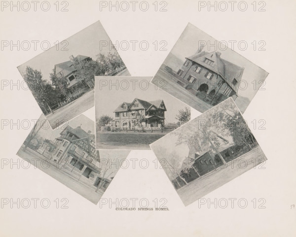 Colorado Springs homes, Photomontage of villas in Colorado Springs, page, photomechanical print, photomontage, Colorado Springs, cliché maker: New York Photo-Gravure Company, New York (city), c. 1888 - in or before 1893, photographer, North America, Colorado, paper, autotypie, height 160 mm x width 217 mm, villa, A collection of sepia-toned photographic prints arranged in a roughly circular pattern on a pale background, each print showing different residential buildings and surrounding trees and lawns; the images include houses with pitched roofs, porches, gables, chimneys, and fenced front yards, some with leafed trees close by and one print featuring a large arched entrance and steps leading up to it, while another shows decorative timbering on the upper facade and a tree-lined street in front.