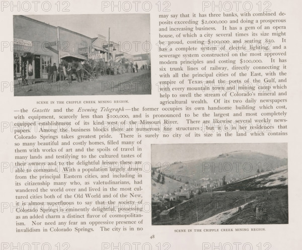 Scene in the Cripple Creek mining region, Street view in Cripple Creek, page, photomechanical print, Cripple Creek, cliché maker: New York Photo-Gravure Company, New York (city), c. 1888 - in or before 1893, photographer, North America, Colorado, Teller, paper, autotypie, height 60 mm x width 102 mm, street, four-wheeled vehicle drawn by more than three animals, A sepia-toned page from a book showing two rectangular photographic images of a mining town with surrounding columns of printed text on the left and right margins; the top left photograph depicts a dirt street lined with wooden buildings, an awninged storefront, a group of people standing near a line of horses and wagons, and various shop signs on building facades, while the lower right photograph shows a hilly landscape with scattered buildings, terraces, and a winding road; the printed text fills the central and side areas with narrow margins and a centered caption beneath the top photograph and another centered caption benea...