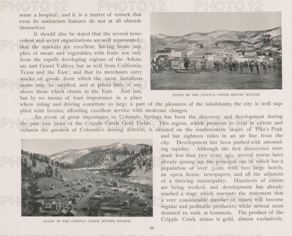 Scene in the Cripple Creek mining region, View of Cripple Creek, page, photomechanical print, Cripple Creek, cliché maker: New York Photo-Gravure Company, New York (city), c. 1888 - in or before 1893, photographer, North America, Colorado, Teller, paper, autotypie, height 60 mm x width 101 mm, city-view in general, 'veduta', A page from a printed publication showing two black and white photographic images of a mountainous town and a smaller inset scene, surrounded by blocks of printed text; the upper right photograph depicts a landscape with hills in the background, a cluster of small buildings, groups of people standing and walking, and wagons with horses in an open foreground; the lower left image shows a valley with scattered houses and structures, a road running through the settlement, and tree-covered slopes rising on either side; the page has a light background with narrow margins and visible aging tones.