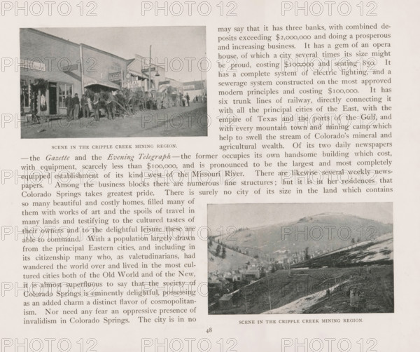 Scene in the Cripple Creek mining region, View of Cripple Creek, page, photomechanical print, Cripple Creek, cliché maker: New York Photo-Gravure Company, New York (city), c. 1888 - in or before 1893, photographer, North America, Colorado, Teller, paper, autotypie, height 60 mm x width 101 mm, city-view in general, 'veduta', mountains, A sepia-toned page shows two photographic images of a town area with surrounding blocks of printed columns; the upper image depicts a street scene with wooden storefronts, an awning, a group of people standing on a dirt road, and horse-drawn wagons parked along the street; the lower image shows a hilly landscape with scattered buildings and terraced slopes viewed from above; the page background is aged paper with visible margins and printed text surrounding the photographs.
