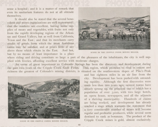 View of Cripple Creek, Scene in the Cripple Creek mining region, page, photomechanical print, Cripple Creek, cliché maker: New York Photo-Gravure Company, New York (city), c. 1888 - in or before 1893, photographer, North America, Colorado, Teller, paper, autotypie, height 60 mm x width 101 mm, city-view in general, 'veduta', mountains, A photograph shows a town set in a valley with rows of small buildings and houses lining a main dirt road, surrounded by rolling hills and sparse trees, and above it a separate smaller image depicts people standing and a group of horses and wagons on a flat open area with low buildings and hills in the background; the images are printed on a page with columns of text along the sides.