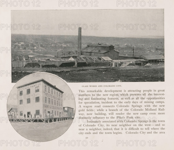 Glass works and Colorado City, Photomontage of a view of Colorado City and a paint factory, page, photomechanical print, photomontage, Colorado City, cliché maker: New York Photo-Gravure Company, New York (city), c. 1888 - in or before 1893, photographer, North America, Colorado, Pueblo, paper, autotypie, height 170 mm x width 250 mm, city-view in general, 'veduta', factory in landscape, A wide rectangular photograph shows an industrial complex with a tall cylindrical smokestack rising above a cluster of corrugated metal buildings and rooflines, set against a distant hillside dotted with small houses; in front of the complex are long low structures with exposed framework and open arches, and the foreground shows a rough grassy or dirt area with scattered debris, while a circular inset at the lower left displays a multi-story square building with a raised wooden porch and several small figures standing on and near it.
