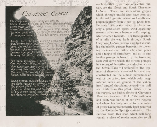 Passage in the rocks of Williams Canyon in Colorado, The Narrows, Williams Cañon, page, photomechanical print, Williams Canyon (El Paso, CO), cliché maker: New York Photo-Gravure Company, New York (city), c. 1888 - in or before 1893, photographer, North America, Colorado, El Paso (Colorado), paper, autotypie, height 106 mm x width 64 mm, ravine, chasm, abyss, canyon, passage, A vertically oriented page shows a black-and-white photograph on the left depicting a steep rocky cliff face with textured rock layers and a narrow path at its base, bordered by dark shadowed foliage and a small tree; the photograph has a decorative heading area and pale handwritten-style markings over the dark sky area. To the right of the photograph is a column of printed text in a lighter background, with a narrow margin separating image and text; the page has a wide pale border and a small centered page number at the bottom.