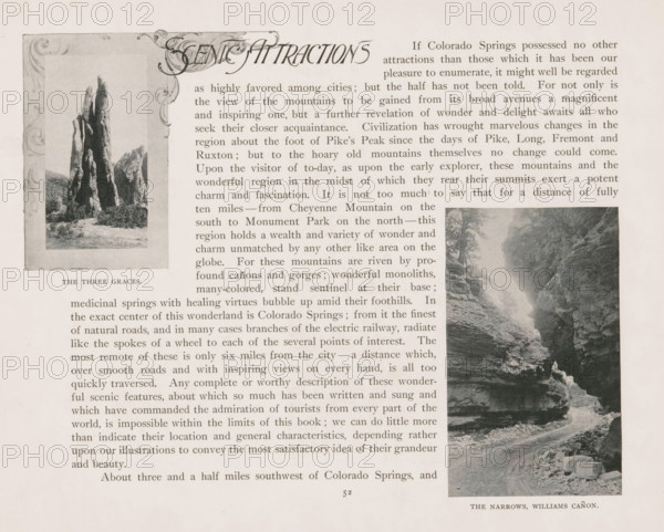View of a road through the Cheyenne Canyon with inscription, page, photomechanical print, Williams Canyon (El Paso, CO), cliché maker: New York Photo-Gravure Company, New York (city), c. 1888 - in or before 1893, photographer, North America, Colorado, El Paso (Colorado), paper, autotypie, height 152 mm x width 122 mm, ravine, chasm, abyss, canyon, A printed page with two black-and-white photographs and decorative header artwork; the left photograph shows tall jagged rock formations framed by an ornate border, and the right photograph shows a narrow rocky canyon with a winding path and trees along the upper edges; the rest of the page is filled with columns of printed text.