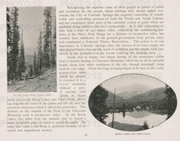 On the road from Seven Lakes, Landscape with donkey, page, photomechanical print, Colorado, cliché maker: New York Photo-Gravure Company, New York (city), c. 1888 - in or before 1893, photographer, North America, paper, autotypie, height 110 mm x width 64 mm, landscapes, ass, donkey, A page from a printed publication showing two photographic images and columns of printed paragraphs; along the left edge a tall rectangular black-and-white photograph depicts a forested mountain path with tall pine trees lining a dirt trail and a horse-drawn carriage visible on the path, while toward the lower right an oval black-and-white photograph shows a lake scene with reflections of trees in the water, rocky shoreline, distant mountains, and scattered trees in the foreground; the surrounding area contains blocks of printed text in a serif type and narrow margins.