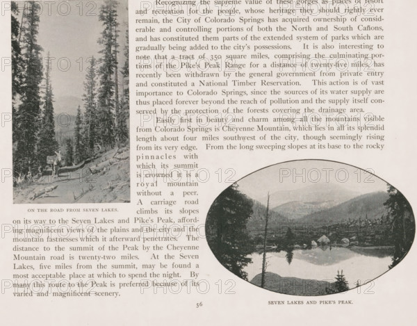 Seven Lakes and Pike's Peak, View of Seven Lakes and Pike's Peak in Colorado, page, photomechanical print, Colorado, cliché maker: New York Photo-Gravure Company, New York (city), c. 1888 - in or before 1893, photographer, North America, paper, autotypie, height 74 mm x width 114 mm, landscapes, lake, El Paso (Colorado), Pikes Peak (El Paso), A sepia-toned page showing two photographic images of forest and mountain scenes alongside columns of printed text; on the left a vertical rectangular photo depicts a narrow dirt path winding among tall evergreen trees with a mule or donkey standing on the trail and fallen logs and underbrush at the roadside, while on the right a large oval photograph shows a calm lake reflecting trees and rocky shoreline with distant mountains and scattered boulders along the water's edge.