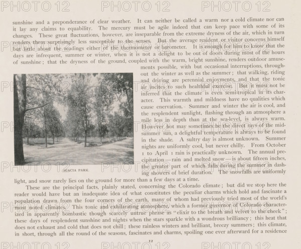 Acacia Park, View of Acacia Park in Colorado Springs, page, photomechanical print, Colorado Springs, cliché maker: New York Photo-Gravure Company, New York (city), c. 1888 - in or before 1893, photographer, North America, Colorado, paper, autotypie, height 68 mm x width 89 mm, public gardens, park, A faded printed page showing a column of serif text across the top and down the right side, with a grayscale photograph inset on the left depicting a tree-lined park avenue with tall trees casting dappled shadows on a path and open grassy areas, and a small centered caption below the photo.
