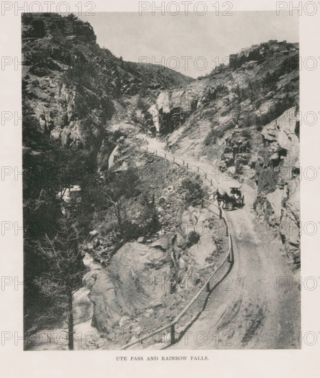 Ute Pass and Rainbow Falls, View of the Rainbow Falls and a mountain pass near Manitou Springs, page, photomechanical print, Manitou Springs, cliché maker: New York Photo-Gravure Company, New York (city), c. 1888 - in or before 1893, photographer, North America, Colorado, El Paso (Colorado), paper, autotypie, height 199 mm x width 159 mm, waterfall, mountains, four-wheeled vehicle drawn by two animals, A narrow dirt road winds through a rocky canyon with steep cliff faces on both sides, a wooden railing following the road's edge, scattered shrubs and small trees growing among the rocks, and a horse-drawn wagon visible on the road near a bend.