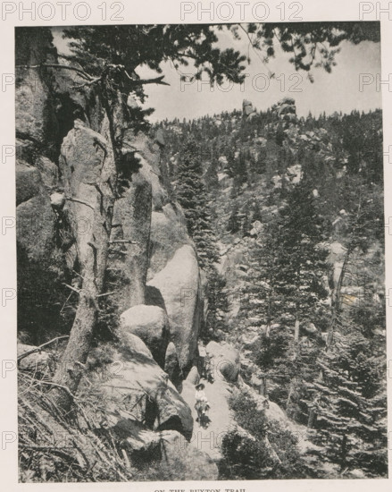 On the Ruxton trail, Landscape near Pikes Peak with people on donkeys, page, photomechanical print, Colorado, cliché maker: New York Photo-Gravure Company, New York (city), c. 1888 - in or before 1893, photographer, North America, paper, autotypie, height 196 mm x width 160 mm, landscapes, ass, donkey, mule, El Paso (Colorado), Pikes Peak (El Paso), A vertical black and white photograph of a rocky forested landscape showing large vertical rock formations and boulders among tall pine trees, with branches and tree trunks visible in the foreground and along the cliff edges, a narrow rocky path winding through the rocks where a small group of people and a pack animal can be seen traversing, and distant tree-covered hills and scattered rock outcrops filling the background under a pale sky.