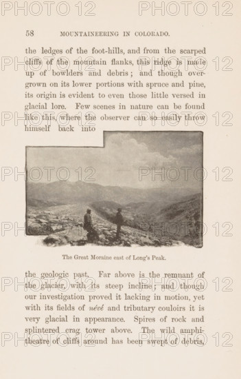 Across the Gorge to Esarptment of the East peak, View of a seated man in the mountains, page, photomechanical print, photographer: Frederick Hastings Chapin, Longs Peak, cliché maker: attributed to Boston Photogravure Company, Boston (Massachusetts), c. 1885 - in or before 1890, North America, Massachusetts, Colorado, Boulder, Attributed to, paper, autotypie, height 113 mm x width 75 mm, historical persons, mountains, wildlife reserve, national park, A faded book page with printed paragraphs surrounding a rectangular black and white photograph inset near the center; the photo shows a rocky landscape with two silhouetted figures standing among scattered boulders and a distant range of low mountains under a cloudy sky, with darker tonal shading framing the photo edges; printed type appears above and below the image, and the paper has a slightly aged, off-white color.
