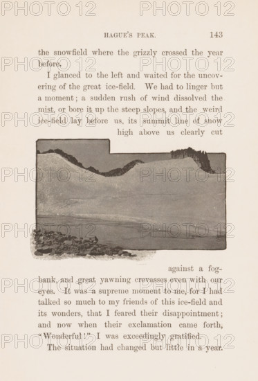 View of a frozen lake in Rocky Mountain National Park, page, photomechanical print, photographer: Frederick Hastings Chapin, Rocky Mountain National Park, cliché maker: attributed to Boston Photogravure Company, Boston (Massachusetts), c. 1885 - in or before 1890, North America, Massachusetts, Colorado, Attributed to, paper, autotypie, height 51 mm x width 81 mm, lake, mountains, A faded page with a rectangular illustration inset showing a shaded landscape of hills and rocky foreground, surrounded by printed paragraph blocks above and below, with a centered title near the top and a small number at the upper corner.