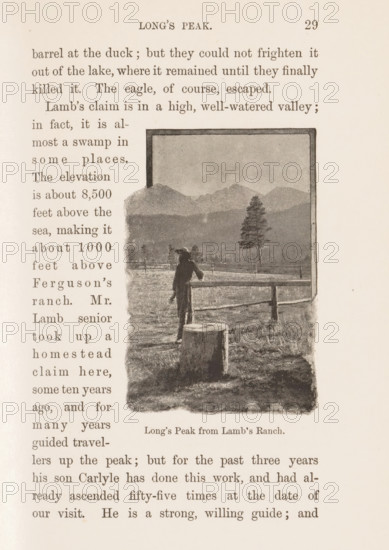 View of Longs Peak, Long's Peak from Lamb's Ranch, page, photomechanical print, photographer: Frederick Hastings Chapin, Rocky Mountain National Park, cliché maker: attributed to Boston Photogravure Company, Boston (Massachusetts), c. 1885 - in or before 1890, North America, Massachusetts, Colorado, Attributed to, paper, autotypie, height 76 mm x width 50 mm, landscapes, mountains, wildlife reserve, national park, Boulder, Longs Peak, A sepia-toned page from a book shows a rectangular photograph framed with a dark border depicting an outdoor scene with distant mountains and a lone tree in a field, a wooden fence running horizontally, and a person leaning on the fence wearing a hat and dark clothing, with a tree stump in the foreground and grass covering the ground.