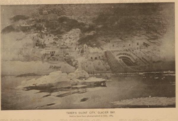 Taber's Silent City, Glacier Bay, Photomontage of the imaginary city of Silent City in Alaska, page, photomechanical print, photomontage, inscription: 'Said to have been photographed in July, 1889.', c. 1885 - in or before 1890, paper, collotype, photoprint, height 112 mm x width 185 mm, city-view in general, 'veduta', iceberg, A faded sepia photograph showing a waterfront scene with floating ice and dark water in the foreground and a hazy, densely built hillside town in the background; the town includes domed and arched structures, clustered buildings of varying shapes and sizes, and a curved structure resembling tiers, with indistinct rooftops and pathways, all appearing muted and partially obscured by fog or mist.