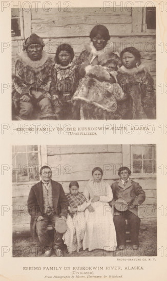 Eskimo family on the Kuskokwim River, Alaska (uncivilized), Group portrait of a Joepik family, page, photomechanical print, photographer: Hartmann & Weinland, cliché maker: The Photo-gravure Co., New York (city), c. 1881 - in or before 1886, North America, paper, collotype, photoprint, height 89 mm x width 114 mm, anonymous historical persons depicted in a group, in a group-portrait, indigenous peoples of the arctic regions: Inuit, A vertical image containing two black and white family portraits one above the other against a wooden wall backdrop; the upper portrait shows four people seated closely wearing heavy fur clothing and fur-lined hoods with one adult holding a bundled infant, all facing forward with neutral expressions, and the lower portrait shows four people seated closely wearing lighter clothing including dresses, shawls, coats, and a hat held by one seated adult, flanked by window frames in the wooden wall.