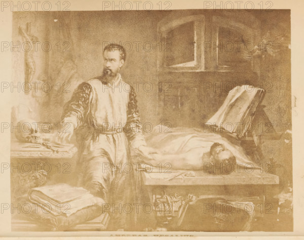 Photo reproduction of a portrait of Andreas Vesalius by F. Hamman, Andread Vesalius, photograph, reproduction, page, after painting by Edouard Hamman, c. 1861 - in or before 1866, photographer, paper, albumen print, height 111 mm x width 139 mm, Photo opposite title page., Person, Andreas Vesalius, the corpse, A sepia-toned scene shows a bearded man in historical clothing standing beside a table, one hand resting on a skull and the other reaching toward a covered body lying on a slab; the man wears a tunic with patterned sleeves and a belted waist and looks to the side. On the table are a folded cloth and scattered instruments, and an open book rests on a stand near the head of the covered figure. Behind them a crucifix is mounted on the wall and a small window with panes appears in the background, while draped fabrics and a carved decorative element are visible in the lower area.