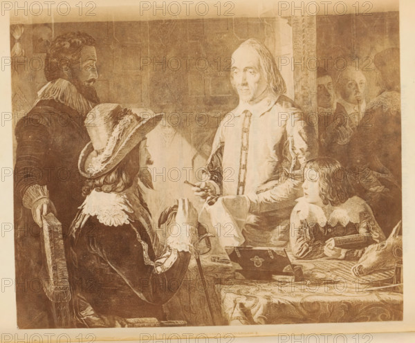 Photo reproduction of William Harvey demonstrating to Charles I the circulation of the blood from the heart of a deer by Robert Hannah, photograph, reproduction, page, after painting by Robert Hannah, c. 1861 - in or before 1866, photographer, paper, albumen print, height 113 mm x width 134 mm, Photo two pages after page 74., Person, Charles I (king of England), William Harvey, medical research, branches of medicine, A sepia-toned scene shows several men and a boy gathered around a table in period clothing with lace collars and decorative sleeves; one seated man wears a wide-brimmed feathered hat and holds a cane while another stands with a beard and ruffled collar, and a central older man with long hair and a plain collar holds a small instrument above a basin on the table; a boy with a lace collar looks to the side holding a book, and in the background two partly visible figures stand near a patterned wall and a musical instrument; the table is covered with a patterned cloth and hold...