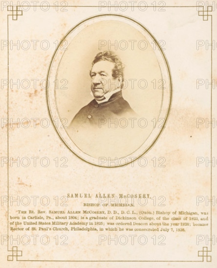 Portrait of Samuel Allen McCoskry, photograph, page, inscription: 'Samuel Allen McCoskry, Bishop of Michigan, ', photographer: J. Gurney & Son, in or after 1861-10-16 - in or before 1861-10-20, Jeremiah Gurney & Son, paper, albumen print, height 70 mm x width 53 mm, Person, Samuel Allen McCoskry, historical persons, A faded sepia portrait of an older man with wavy hair and sideburns shown from the chest up inside an oval frame, wearing a dark coat with a high white collar, centered on a parchment-like background with decorative corner borders and visible age spots and stains.