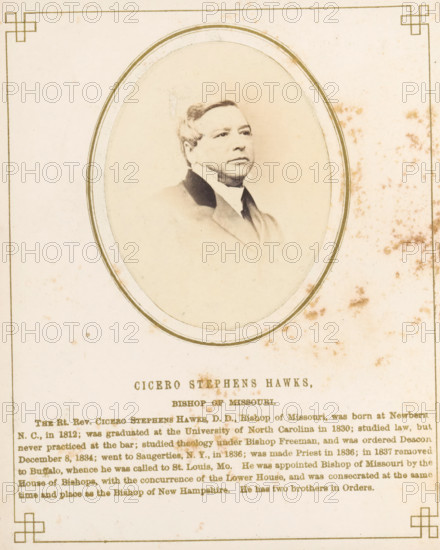 Portrait of Cicero Stephens Hawks, photograph, page, inscription: 'Cicero Stephens Hawks, Bishop of Misouri, ', photographer: J. Gurney & Son, in or after 1861-10-16 - in or before 1861-10-20, Jeremiah Gurney & Son, paper, albumen print, height 70 mm x width 53 mm, Person, Cicero Stephens Hawks, historical persons, An oval sepia portrait of a man in formal attire is centered on a faded cream page with a thin decorative border; the man has short hair, a high collar, and a dark coat, and the portrait area shows age spots and staining that also appear on the surrounding paper, with additional decorative corner motifs and a block of printed lines beneath the oval.