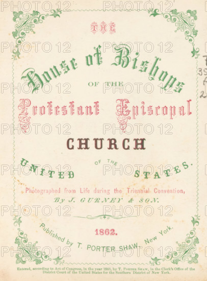 The house of bishops of the Protestant Episcopal church of the United States, book, photographer: Jeremiah Gurney, publisher: T. Porter Shaw, New York (city), 1862, North America, paper, pasteboard, biological material, leather, printing, albumen print, color cut, height 153 mm x width 140 mm x thickness 40 mm, A cream-colored page with decorative green corner flourishes and a scalloped green border, featuring ornate typographic elements in green, pink, and dark brown inks arranged in a centered, symmetrical layout, with delicate ornamental swirls and small vignette flourishes, areas of light brown age spotting, and a faint vertical smudge near the right edge.