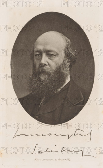 Portrait of Robert Arthur Talbot Gascoyne-Cecil, third Marquess of Salisbury, ... ... Salisbury, page, photomechanical print, photographer: Elliott & Fry, London (possibly), cliché maker: Annan & Swan, Glasgow, c. 1886 - in or before 1891, paper, photoaquatint, height 113 mm x width 84 mm, Print on title page, behind semi-transparent cover., Person, Robert Gascoyne-Cecil (Marquis of Salisbury), historical persons, An oval-framed sepia portrait of a middle-aged man with a receding hairline and a full, curly beard, shown from the shoulders up and wearing a dark suit jacket and vest, set against a dark background within a light rectangular page.