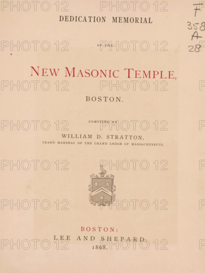 Dedication memorial of the new Masonic temple, Boston, book, annotation: '10459, ..., 75, -', date: 'Aug 1998', compiler (person in literature): William D. Stratton, publisher: Lee and Shepard, 1868, compiler (person in literature), North America, Massachusetts, textile materials, paper, linen (material), printing, albumen print, height 225 mm x width 184 mm x thickness 23 mm, A cream-colored page with a centered decorative emblem featuring a shield topped by a small bird and ornamental flourishes, faint pencil markings along the right edge, and several lines of printed typography in varying sizes across the top and lower portions of the sheet, with a larger red line of type near the top and another red line near the lower middle.