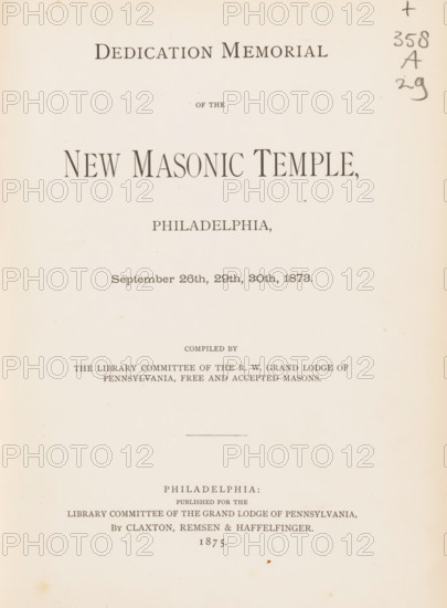 Dedication memorial of the new Masonic temple, Philadelphia, September 26th, 29th, 30th, 1873, book, inscription: 'A masonic relic, an interesting find made a few days ago, ', date: 'May 1994', company name: 'JS Lever, Binder, Phila', annotation: '109100 only. Van Haaften 308, 13 Tipped-in photo-illu'stry Gutekunst (ok), (leading phila. photographer) & long fdg litho'd fascimile.', collector's mark: 'Thos. v. Paul, Antiques-Books, Phila. Pa.', bookplate: 'Vincit qui patitur, Alfred Smith', publisher: Claxton, Remsen & Haffelinger, compiler (person in literature): Library Committee of the Grand Lodge of Pennsylvania, 1874, Claxton, Library Committee of the Grand Lodge of Pennsylvania, publisher, compiler (person in literature), North America, textile materials, paper, linen (material), transparent paper, printing, albumen print, wood engraving, color on cut, height 245 mm x width 184 mm x thickness 38 mm, A pale page with dark printed lines of varying sizes arranged vertically, showing ...