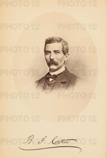 BF Cator, Photo reproduction of a drawing of a portrait by Benjamin F. Cator, photograph, reproduction, page, photographer: Bendann Bros., after drawing by anonymous, c. 1866 - in or before 1871, paper, albumen print, albumendruk, height 153 mm x width 114 mm, Person, Benjamin F. Cator, historical persons, A sepia-toned portrait drawing of a man shown from the chest up inside an oval vignette, featuring short neatly combed hair and a mustache, wearing a high-collared shirt with a bow tie and a textured suit jacket, set against a softly shaded background, with a cursive signature visible below the oval.