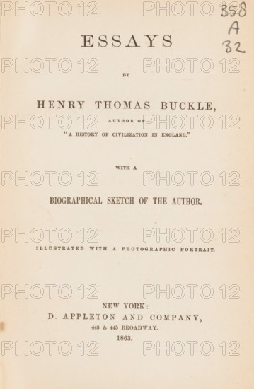 Essays, by Henry Thomas Buckle, book, annotation: 'FEB, 1998', name: 'John L. Mutuig', bookplate: 'Dieses Buchlein ist mir lieb, Wer mirs nimmt ist ein Dieb, Wer mirs aber wieder bringt, Der ist ein Gotters Rind, LIBRARY OF, HENRY GOODSON IVES', writer (clerical worker): Henry Thomas Buckle, publisher: D. Appleton and Company, New York (city), 1863, writer (clerical worker), North America, textile materials, pasteboard, paper, linen (material), printing, albumen print, height 193 mm x width 124 mm x thickness 16mm, A cream-colored book page with centered lines of dark printed text in various serif fonts and sizes, small decorative spacing between sections, and a narrow handwritten notation in dark pencil near the top right edge; the page shows light age spots and faint smudges across its surface and a slightly darker shadow along the left edge.