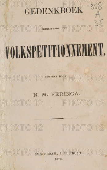 Commemorative book concerning the people's petition, book, date: 'Feb 1996', annotation: '75, -', writer (clerical worker): NM Feringa, publisher: JH Kruyt, Amsterdam, 1878, NM Feringa, JH Kruyt, writer (clerical worker), publisher, textile materials, paper, linen (material), printing, albumen print, height 240 mm x width 138 mm x thickness 12 mm, A worn, off-white page with visible age spots and stains, including a darker water stain along the left edge and a circular discoloration toward the upper right area; a vertical crease and slight tearing are visible near the left margin, and a faint horizontal mark appears across the center; the page shows a series of darker printed elements in various sizes positioned mostly in the upper half, a short decorative line with a small solid segment appears near the middle, and there is a small pencil marking cluster in the top right corner.
