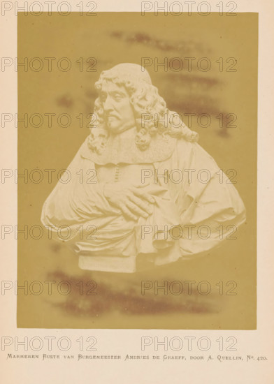 Marble Bust of Mayor Andries de Graeff, by A. Quellin, Marble bust of Mayor Andries de Graeff by Artus Quellin, photograph, page, number: 'No. 420.', photographer: Pieter Oosterhuis, Amsterdam, 1876, paper, albumen print, height 167 mm x width 126 mm, Person, Andries de Graeff, piece of sculpture, reproduction of a piece of sculpture, Historical Exhibition Amsterdam, Oudemannenhuis (Amsterdam), Period, A pale marble bust of a man is shown against a plain darker background, the figure wearing a broad collar and voluminous draped robes, with long curly hair falling past the shoulders and a small pointed mustache and goatee; one hand rests across the chest gathering the folds of the garment while the other arm is bent at the side, and the sculpture sits on a rectangular plinth.