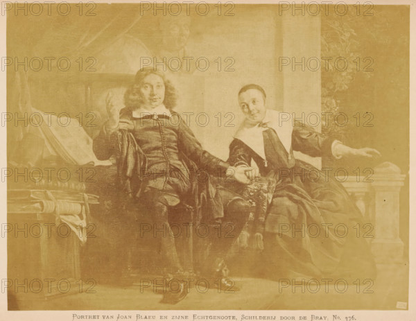 Photographic reproduction of a painting of Joan Blaeu and his wife by Jan de Braij, Portrait of Joan Blaeu and his Wife, Painting by de Bray, photograph, reproduction, page, number: 'No. 376.', photographer: Pieter Oosterhuis, Amsterdam, after painting by Joseph de Bray, 1876, paper, albumen print, height 148 mm x width 192 mm, Person, Johannes Willemszoon Blaeu, historical persons, Historical Exhibition Amsterdam, Oudemannenhuis (Amsterdam), Period, A faded sepia-toned painting shows two seated figures in period clothing on a bench or couch, one wearing a dark buttoned coat with a wide white collar and long curly hair, the other wearing a dark dress with a large white collar and a tied ribbon at the neck, their hands touching over an embroidered cushion with tassels, an open book and stacked volumes rest on a table beside them, a carved architectural detail and draped fabric appear in the background, and a faint bust or statue is visible above and behind the seated figures.