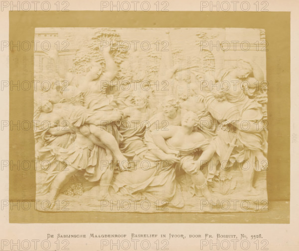 The Rape of the Sabine Women in Ivory, by Fr. Bossuit, Relief depicting the Rape of the Sabine Women by Francis de Bossuit, photograph, page, number: 'No, 3328.', photographer: Pieter Oosterhuis, Amsterdam, 1876, paper, albumen print, height 126 mm x width 166 mm, rape of the Sabine women: they are carried off by Romulus and his men during a feast, Historical Exhibition Amsterdam, Oudemannenhuis (Amsterdam), Period, A rectangular stone relief depicting multiple human figures in dynamic poses, with flowing drapery and muscular limbs, set against a carved background with foliage and architectural elements; figures include women and men, some wearing helmets and armor, others partially nude, with gestures showing reaching arms, grasping hands, and turned heads; one figure reclines while others lift or support bodies, and there are carved details of drapery folds, braided hair, a sword, and clusters of round objects near the lower edge.
