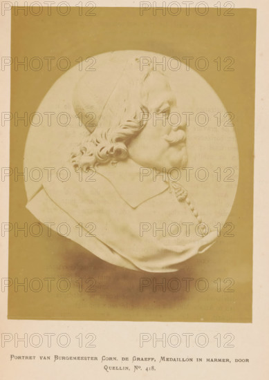Portrait of Mayor Corn. de Graeff, Marble medallion, by Quellin, Marble medallion of Mayor Cornelis de Graeff by Artus Quellin, photograph, page, number: 'No. 418.', photographer: Pieter Oosterhuis, Amsterdam, 1876, paper, albumen print, height 162 mm x width 126 mm, Person, Cornelis de Graeff, ornaments, jewels, Historical Exhibition Amsterdam, Oudemannenhuis (Amsterdam), Period, A sepia-toned photograph of a circular marble relief showing a right-facing male bust with wavy hair and a mustache, wearing a skullcap and a draped garment with a decorative braided cord, set against a darker rectangular background and mounted on a sheet with a blank margin below.