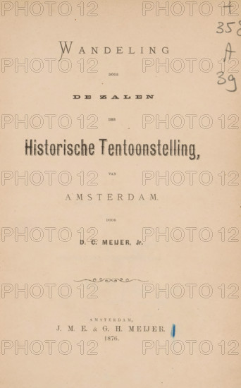 Walk through the halls of the historical exhibition of Amsterdam, by DC Meijer Jr., book, annotation: 'T.., 6', collector's mark: 'UNIVERSITY OF AMSTERDAM, HISTORICAL SEMINARY', annotation: 'Abat 19327', annotation: 'MAY, 2000', annotation: 'Ci, T. N, 17', bookplate: 'Ex Libris, JGH Jordaan', writer (clerical worker): Dirk Christiaan Meijer jr., publisher: JME and GH Meijer, Amsterdam, 1876, Dirk Christiaan Meijer jr., JME and GH Meijer, writer (clerical worker), publisher, textile materials, pasteboard, paper, linen (material), printing, lithography, albumen print, height 251 mm x width 170 mm x thickness 22 mm, A vertical beige page with printed dark ornamental and serif elements arranged in centered horizontal groupings, including a large stylized heading near the top, a bold decorative line of typographic ornament toward the lower middle, faint pencil marks and scribbles along the right edge, and a small irregular blue ink smudge near the lower center right; the paper shows a sligh...