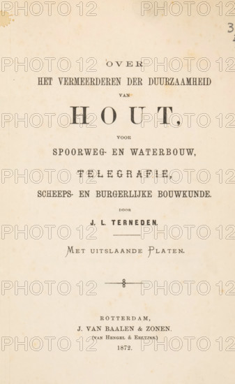 On increasing the durability of wood, for railway and hydraulic engineering, telegraphy, shipbuilding and civil engineering, by JL Terneden, book, annotation: 'MAR, 2000', writer (clerical worker): JL Terneden, publisher: Baalen en zonen, Jacob van, Rotterdam, 1872, writer (clerical worker), textile materials, pasteboard, paper, linen (material), printing, albumen print, marbled paper, albumendruk, height 229 mm x width 156 mm x thickness 14 mm, A vertically oriented aged book page with a centered layout of printed headings and lines of text in various typefaces, including a large bold word near the top and smaller lines beneath, decorative horizontal rules and a small ornamental symbol in the middle, and additional printed lines and a small parenthetical line toward the lower portion, all on a cream-colored background with scattered foxing spots and a darker stain near the top left edge.