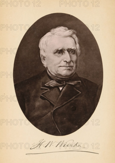 Portrait of HW Wierda, HW Wierda, page, photomechanical print, cliché maker: Friedrich Julius Klinkhardt (possibly), Leipzig, c. 1883 - in or before 1887, photographer, printer (person), Saxony, paper, collotype, photogravure, height 151 mm x width 111 mm, Print opposite title page, behind semi-transparent cover., Person, historical persons, An oval portrait of an older man with light hair combed to the side, visible from the chest up, set against a dark background and surrounded by a lighter rectangular mat; he wears a dark coat with wide lapels and a bow at the collar, and his expression is neutral with eyes looking slightly to one side.