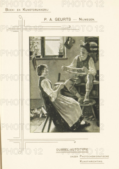 Man and woman roll a ball of wool together, Double autotype, our Photochemigraphic, Art design, page, photomechanical print, inscription: 'Boek- en Kunstdrukkerij', photographer: Emil Rau, cliché maker: PA Geurts (possibly), Nijmegen, c. 1895 - in or before 1900, printer (person), paper, two-color autotype, height 107 mm x width 78 mm, adult woman, adult man, (ball of) yarn, The Hague, A framed monochrome illustration shows two seated people facing each other in a room with a window; one person wears a dress and apron and sits on a low bench while the other wears a hat and patterned stockings and sits on a higher bench holding a long piece of material between them; a small animal lies on the floor near the seated person in the dress; the room contains a window with potted plants on the sill, a hanging object on the wall near the window, and shelves with plates or round objects behind the person in the hat; decorative linear borders surround the central image on the page.