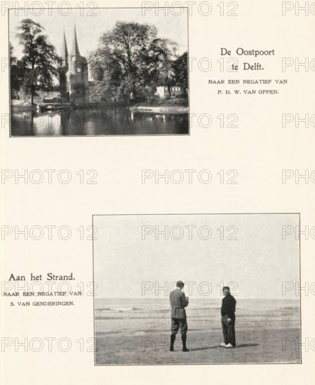 View of the Oostpoort in Delft, De Oostpoort, in Delft, page, photomechanical print, photographer: PHW van Oppen, Delft, cliché maker: anonymous, c. 1895 - in or before 1900, paper, autotypie, height 59 mm x width 82 mm, village-gate, Oostpoort (Delft), A page showing two framed black-and-white photographs; the top photograph depicts a river scene with a towered gatehouse flanked by tall trees and reflected in the water, while the lower photograph shows two men standing on a beach facing each other with the shoreline and sea behind them; both photographs are bordered and positioned on a light background.