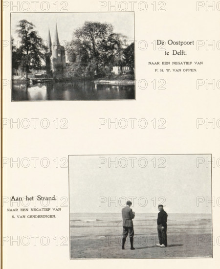 At the Beach, Two men on the beach, page, photomechanical print, photographer: S. van Genderingen, Netherlands (possibly), cliché maker: anonymous, c. 1895 - in or before 1900, paper, autotypie, height 69 mm x width 94 mm, adult man, beach, A printed page showing two black-and-white photographs with captions; the upper photograph depicts a waterfront scene with a pair of tall pointed towers partially obscured by trees and reflected in calm water, bordered by a thin rectangular frame, and the lower photograph shows two men standing on a beach facing the sea with gentle waves in the background, also framed by a thin rectangular border, with printed caption text beside each photograph.