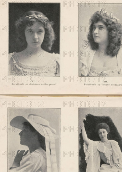 VIII., Bust on light background, Sample image, showing a bust of a woman against a light background, page, photomechanical print, c. 1897 - in or before 1902, paper, autotype, height 70 mm x width 50 mm, Print eight of fourteen prints after page 241., historical persons not known by name - BB - woman, A vertical spread of four framed black-and-white portrait photographs arranged in a two-by-two grid, each showing a different woman; the top left portrait shows a woman with curly hair wearing a decorative headpiece and a dress with ruffled details, her head tilted to the side; the top right portrait shows a woman reclining against a dark textured background, wearing a light dress and multiple strands around her neck with one arm raised; the bottom left portrait shows a woman with wavy hair adorned with a headband, wearing a dress with an ornate neckline and looking forward; the bottom right portrait shows a silhouette profile of a woman wearing a wide-brimmed hat and a light garment, the...