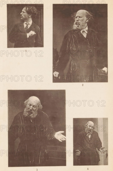 Overview of four photographs of men illustrating differences in body language, including three self-portraits by Oscar Gustave Rejlander, page, photomechanical print, inscription: 'Pl.6', photographer: circle of Oscar Gustave Rejlander, clichémaker: anonymous, c. 1868 - in or before 1873, paper, collotype, photogravure, height 202 mm x width 123 mm, Person, historical persons, morphology of facial expression, gesture-language, A vertical page with four sepia photographic portraits arranged in a grid, each portrait showing an adult man in different poses and expressions. The top left portrait shows a man in a dark jacket and patterned tie facing left with one hand raised to his chest. The top right portrait shows a bearded man wearing a dark robe or coat, standing and looking to the right with clenched hands at his sides. The lower left portrait shows a bearded man seated or standing with open palms extended outward and a robe with visible pockets. The lower right portrait shows a man i...